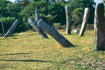 Standing stone pillars lie buried in the premises of the temple ground at Godavaya