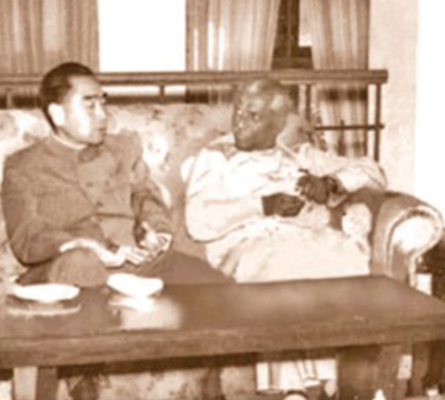 October 1, 1958, Premier Zhou Enlai with Philip Gunawardana at the Sri Lanka Embassy in Beijing, China