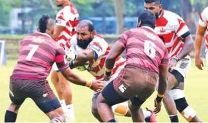 Hardy CH forward Dushmantha Priyadharshana unleashes a hand-off on Havelocks defender Senal Silva