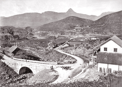 The Sri Pada peak and the old town of Maskeliya before the reservoir being built during British period 
- Picture courtesy Internet