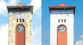 The Panadura Clock Tower then (left) and now (right).
