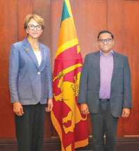 Secretary General of the Ministry for Europe and Foreign Affairs of France, Anne-Marie Descôtes with Foreign Minister Vijitha Herath