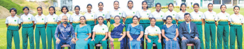 Maliyadewa Girls’ Cricket Team: Seated (From left): Wimanga Perera (Coach), Deepika Hettiarachchi (Master-in-Charge), Danuli Thennakoon (Captain), Nirodha Abeywickrama (Principal), Indunil Dissanayake (Vice-Principal), Maheema Dunusinghe (Vice-Captain), Nayana Rajapakshe (Head-of-Sports) and Rasika Ranatunge (Master-in-Charge). Standing (From left): M. M. S. Tennekoon, H. M. I. H. Herath, Sithumi Wandana, K. P. R. Karunasinghe, S. R. B. M. I. J. Bandara, M. I. I. Abeykoon, S. M. U. N. Kumarasinghe, K. D. Karunasinghe, J. B. R. Panchali, A. G. B. D. Galappaththi, P. R. D. O. Seneviratne, E. U. I. Dassanayake, I. K. M. D. S. Ilangasinghe, A. M. A. T. Amarasinghe, K. A. D. C. Karunaratne, A. A. I. Dewmini, P. C. Eththalpitiya and R. W. V. Kalanima.