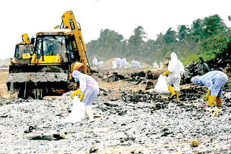 Beach clean-up in the immediate aftermath of the X-Press Pearl disaster