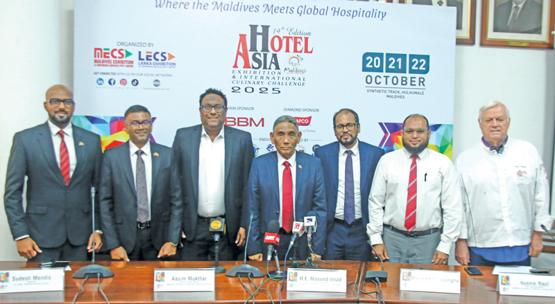 Head Table from left to right-; • Senior Vice President, Sri Lanka Maldives Business Council, Sanjeewa Perera • President, Sri Lanka Maldives Business Council, Sudesh Mendis, • CEO, Maldives Exhibition and Conference Services (Pvt) Ltd., Aasim Mukthar,, • COO, Maldives Exhibition and Conference Services (Pvt) Ltd., Husnie Raus, • High Commissioner of Maldives in Sri Lanka, Masoos Imad, • Chairman, Sri Lanka Export Development Board, Mangala Wijesinghe,• Chef Alan Palmer, Project Director, Hotel Asia International Culinary Challenge 2025